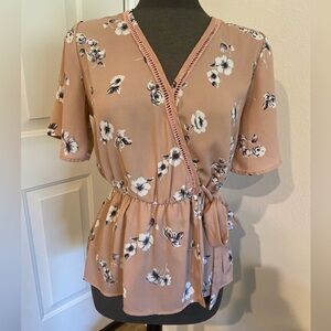 Sienna Sky Dusty Rose Floral Wrap Peplum Blouse Size M